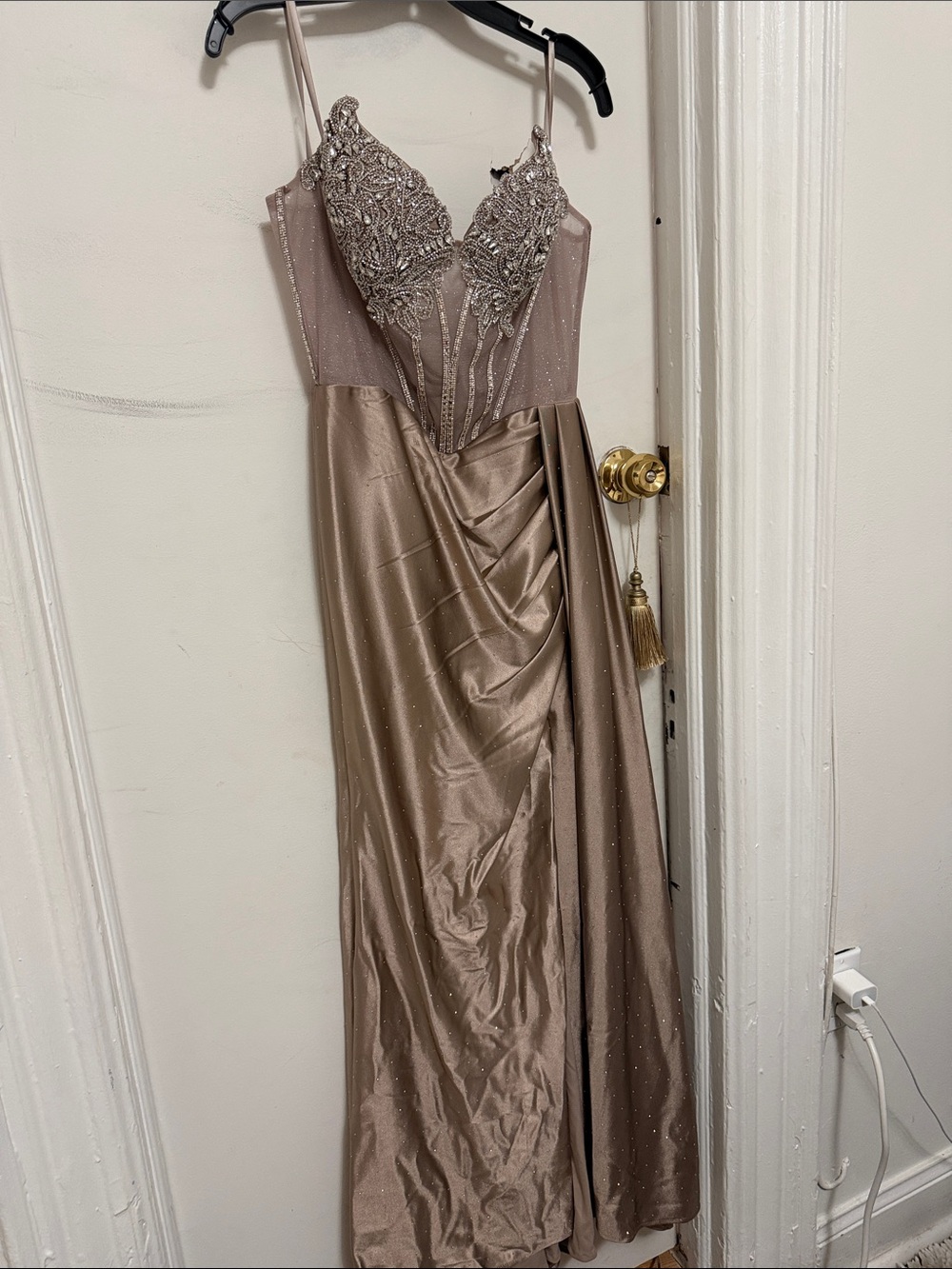 Beaded Taupe Evening Gown with Draped Satin Skirt